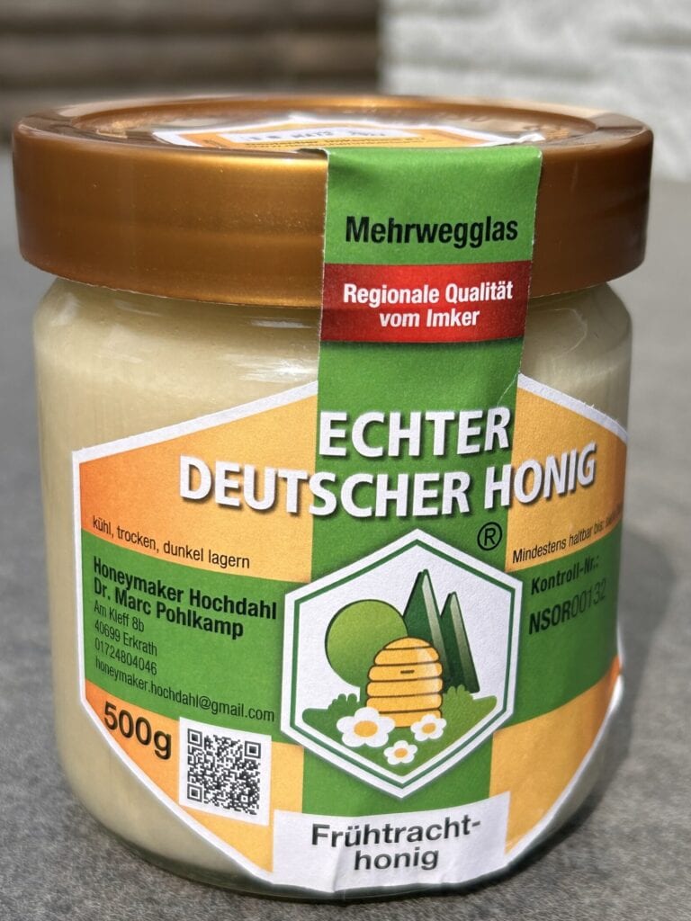 Honigglas mit Etiketten – Frühtracht aus Hochdahl